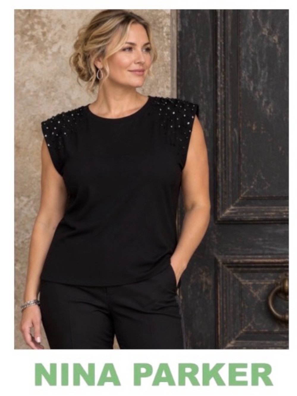 3X Nina Parker Black Cotton Top with Extended Padded Shoulder and Embellishments